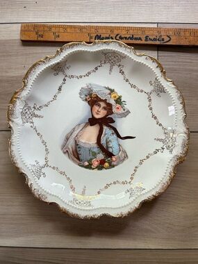 Victorian Girl Roses portrait Plate 10inch Across Gold Tone Trim Crescent China